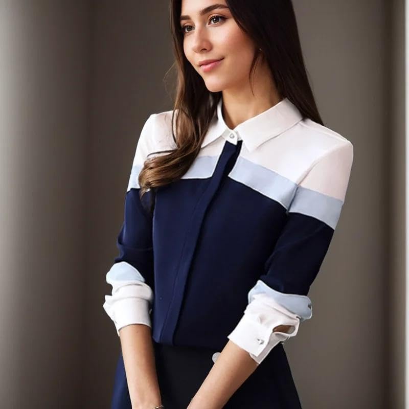 WINSUNNY Fashion Long Sleeve Chiffon Office Lady Elegant Striped Patchwork Casual Down Collar Clothes s1 Blue M - Image 2