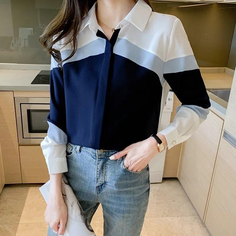 WINSUNNY Fashion Long Sleeve Chiffon Office Lady Elegant Striped Patchwork Casual Down Collar Clothes s1 Blue M - Image 4