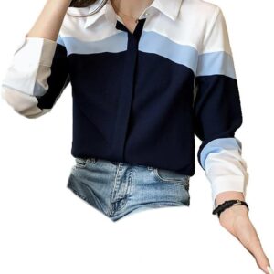 WINSUNNY Fashion Long Sleeve Chiffon Office Lady Elegant Striped Patchwork Casual Down Collar Clothes s1 Blue M