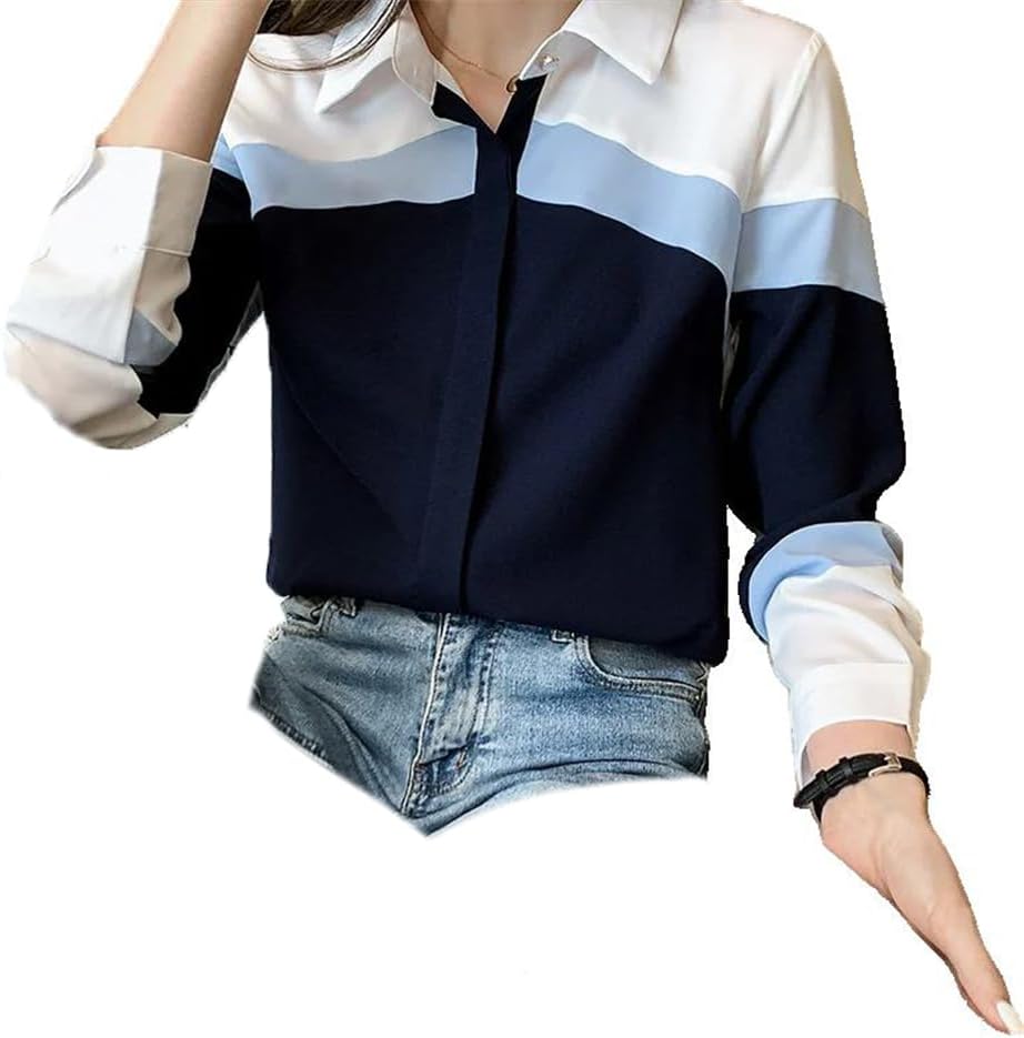 WINSUNNY Fashion Long Sleeve Chiffon Office Lady Elegant Striped Patchwork Casual Down Collar Clothes s1 Blue M