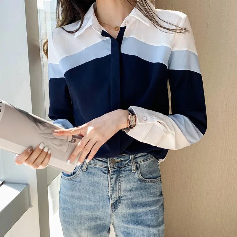 WINSUNNY Fashion Long Sleeve Chiffon Office Lady Elegant Striped Patchwork Casual Down Collar Clothes s1 Blue M - Image 7