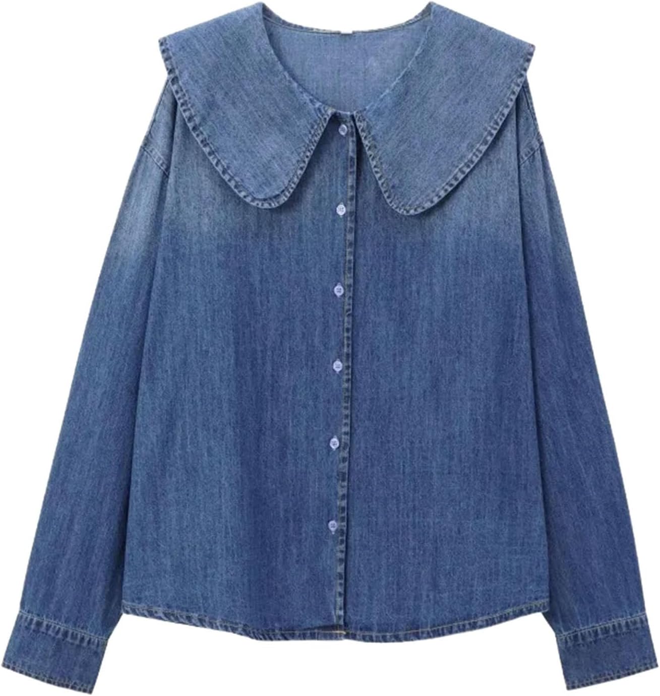 Women Fashion Casual Denim Shirt Chic Collar Three Quarter Button Top Blouses Female Clothing