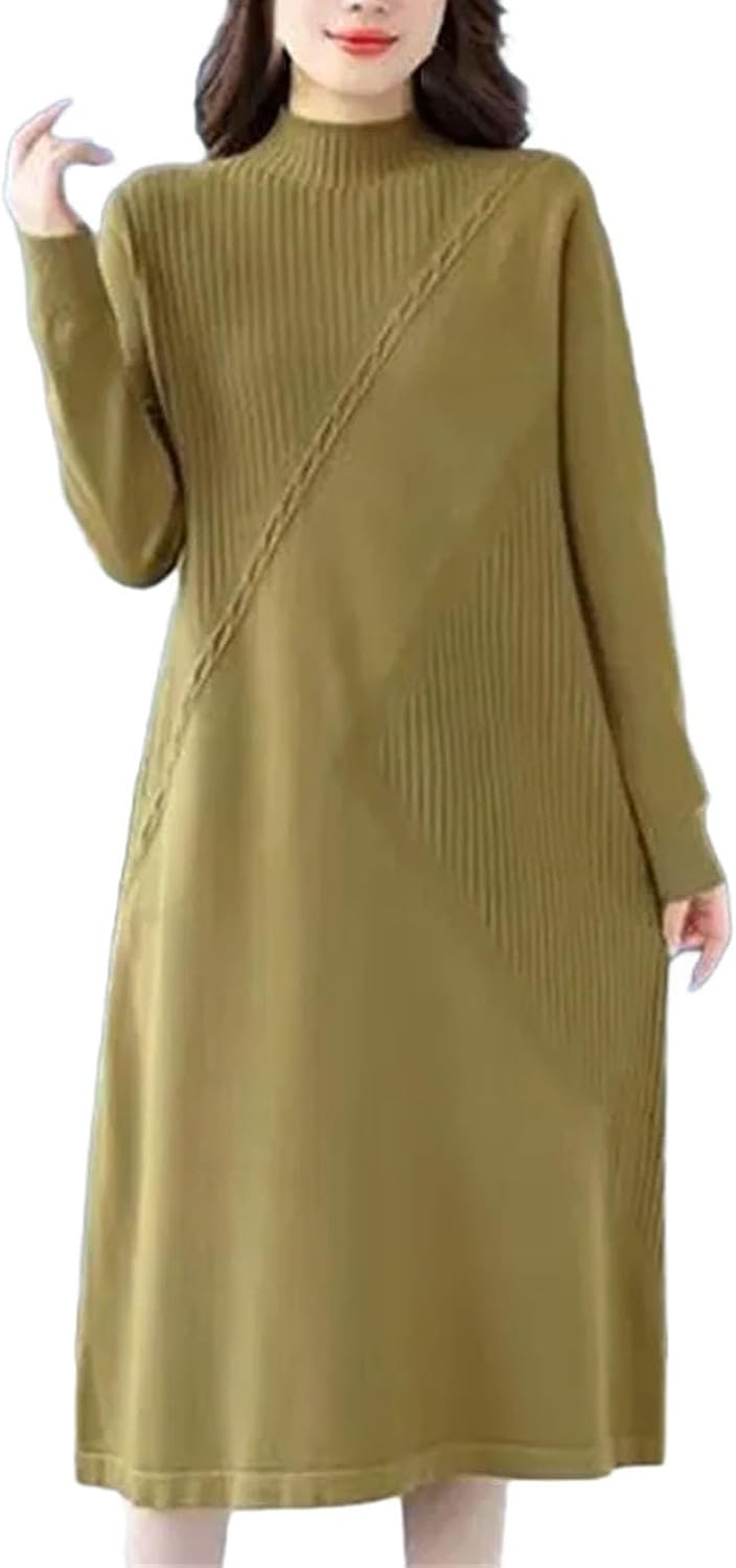 Women Fashion Patchwork Elegant Knit Dress Winter Clothes Half High Collar Slim Female Bottom Sweater Dresses - Image 10