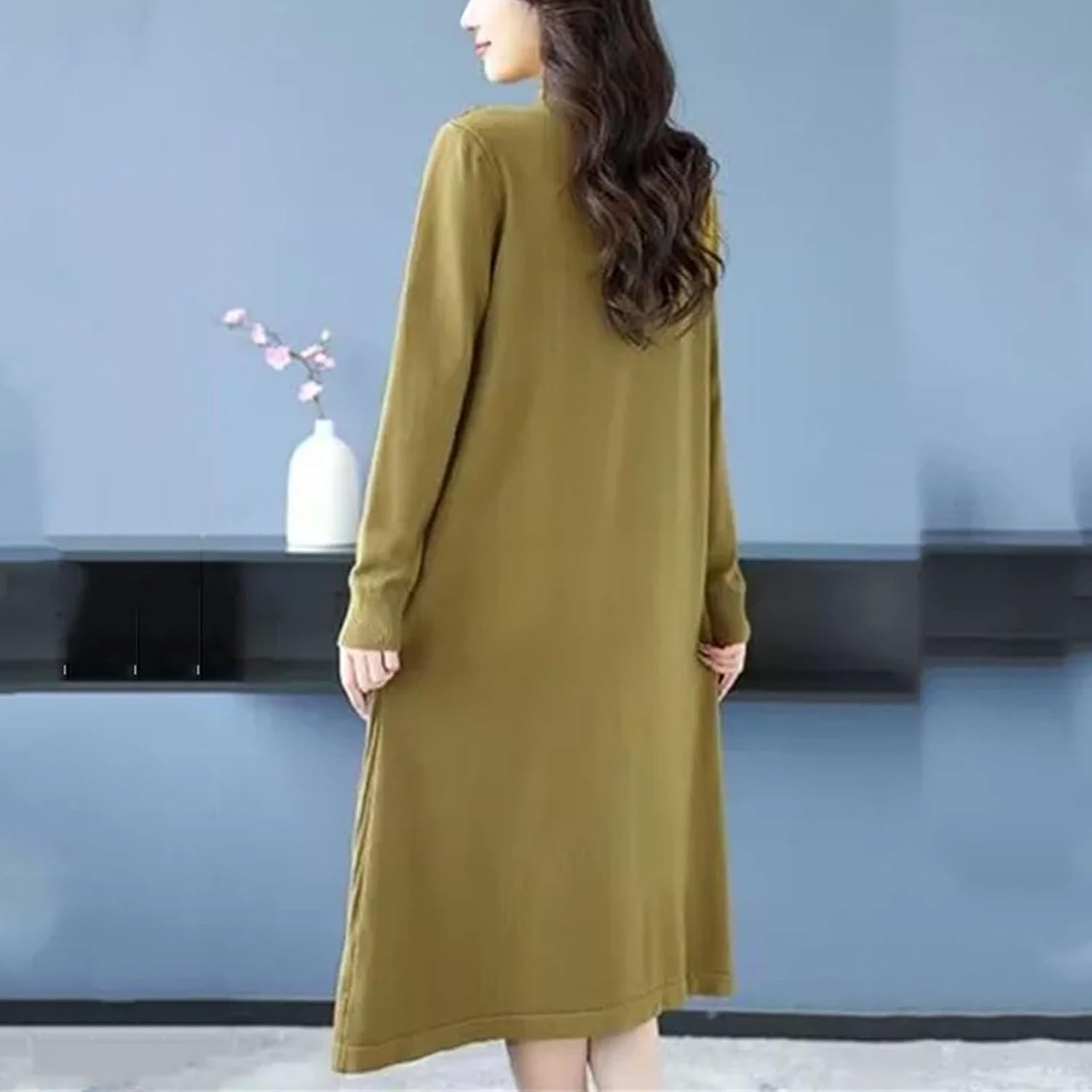 Women Fashion Patchwork Elegant Knit Dress Winter Clothes Half High Collar Slim Female Bottom Sweater Dresses - Image 7