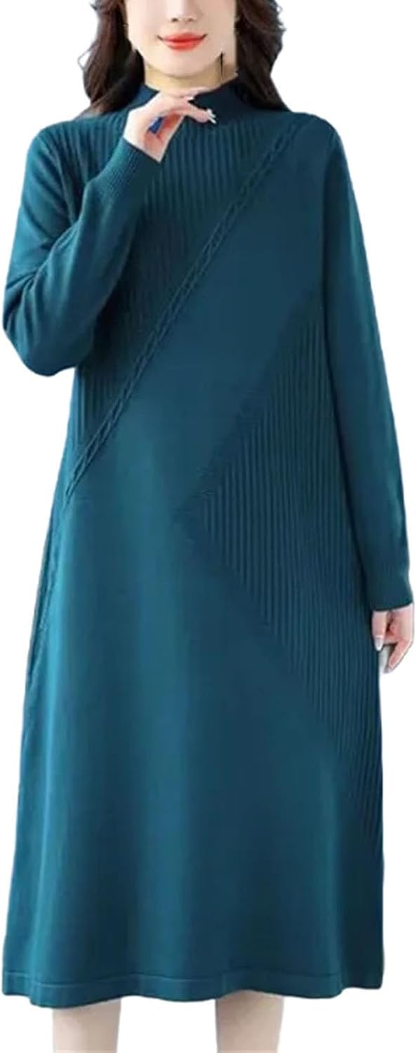 Women Fashion Patchwork Elegant Knit Dress Winter Clothes Half High Collar Slim Female Bottom Sweater Dresses - Image 11