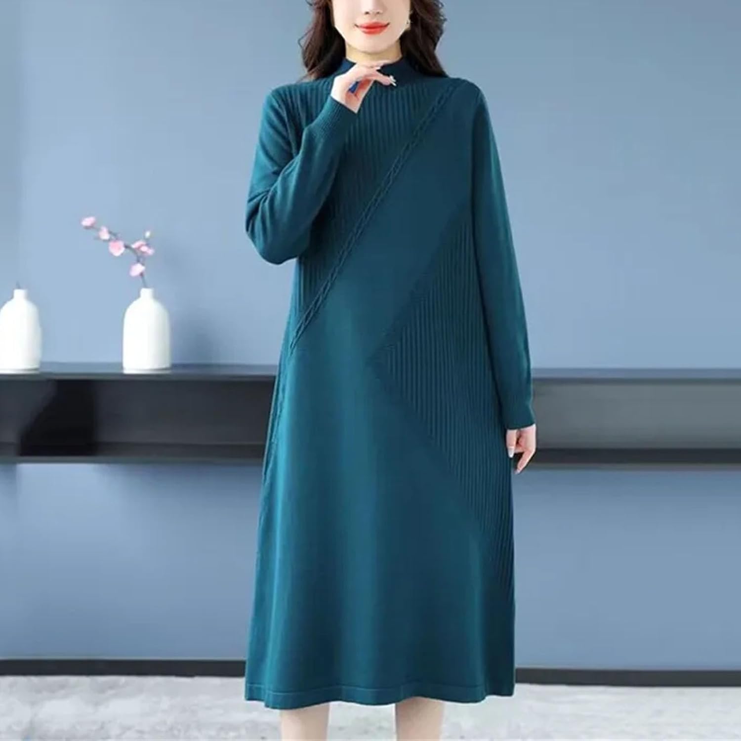 Women Fashion Patchwork Elegant Knit Dress Winter Clothes Half High Collar Slim Female Bottom Sweater Dresses - Image 6