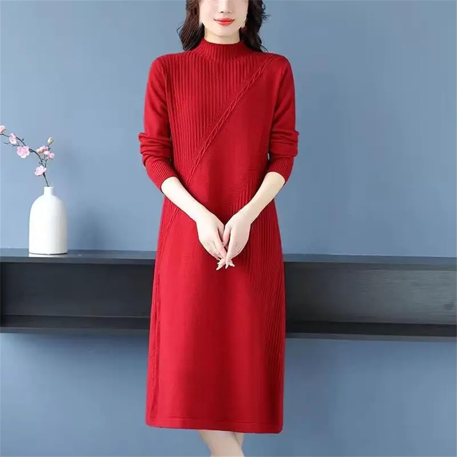 Women Fashion Patchwork Elegant Knit Dress Winter Clothes Half High Collar Slim Female Bottom Sweater Dresses - Image 5