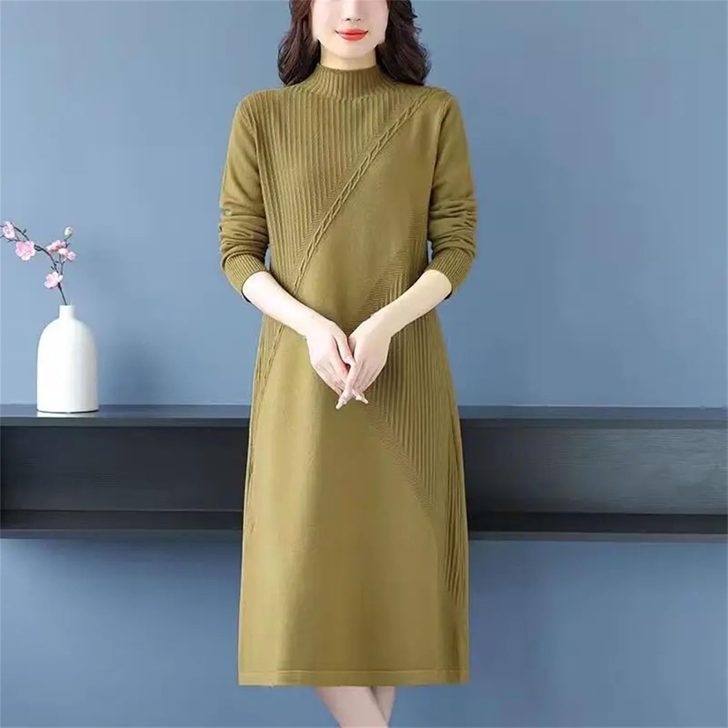 Women Fashion Patchwork Elegant Knit Dress Winter Clothes Half High Collar Slim Female Bottom Sweater Dresses - Image 4