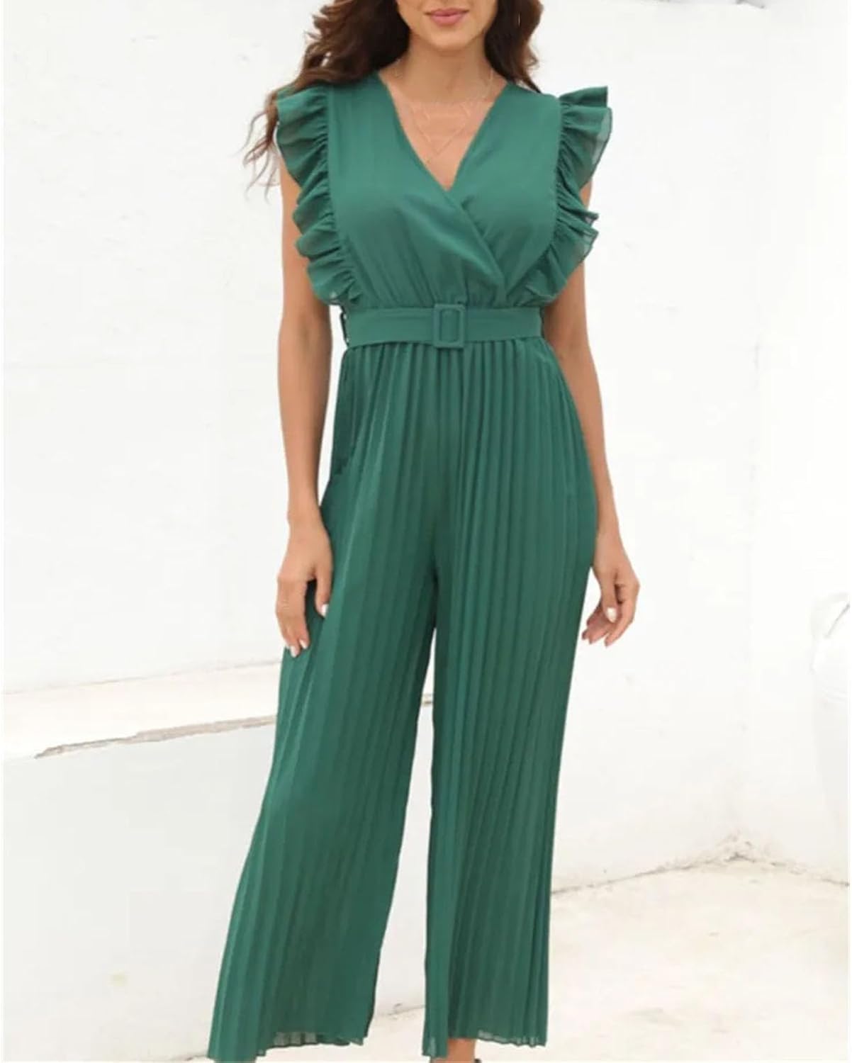 Women Jumpsuit Fashion V-neck Wide Leg Pants Solid Ruffles Sleeveless Clothing Jumpsuits - Image 3