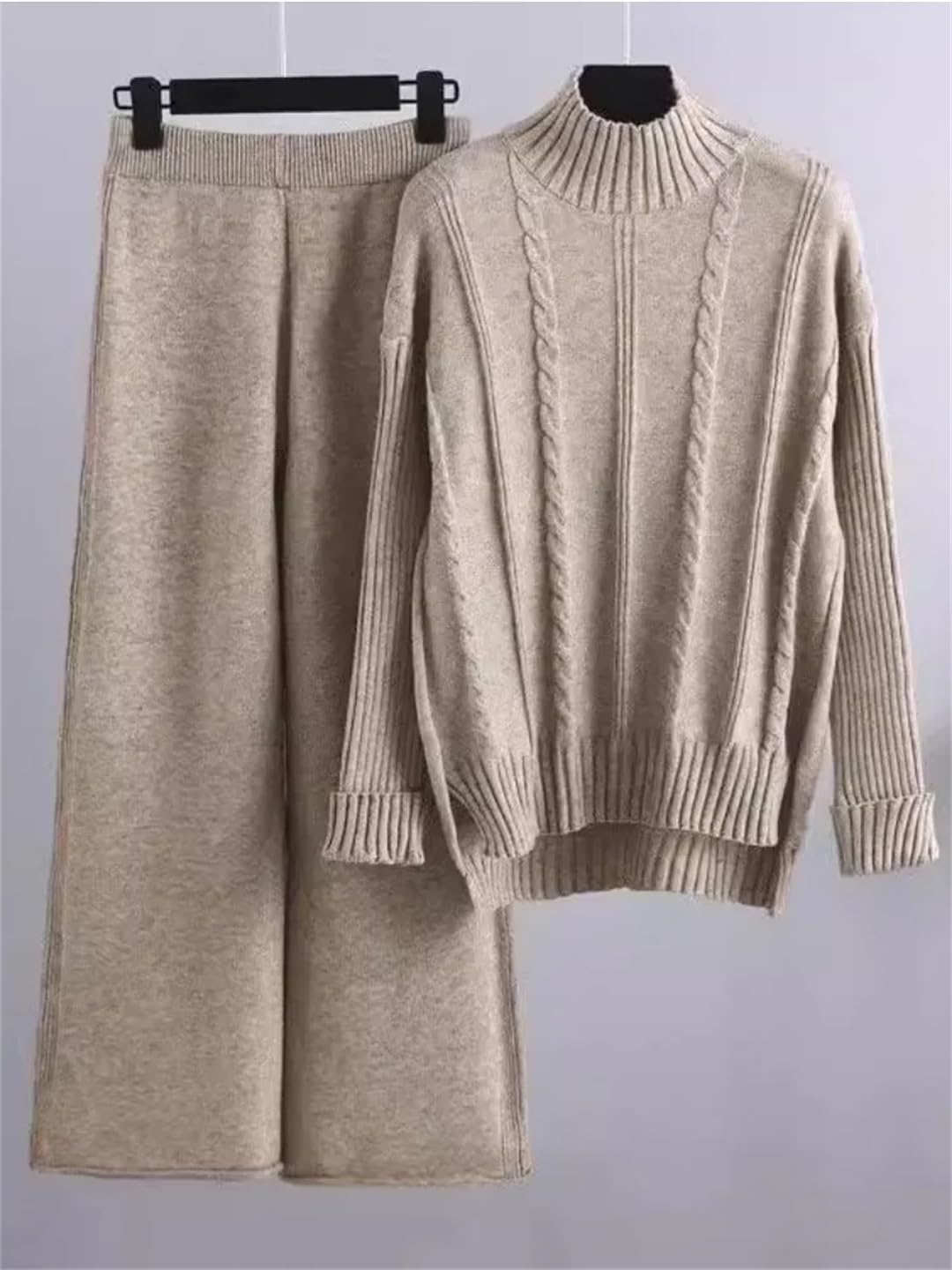 Women Loose Knitted Pants Set Half High Collar Sweater Wide Leg Pants Fashion Clothes Winter Two Piece Set - Image 4