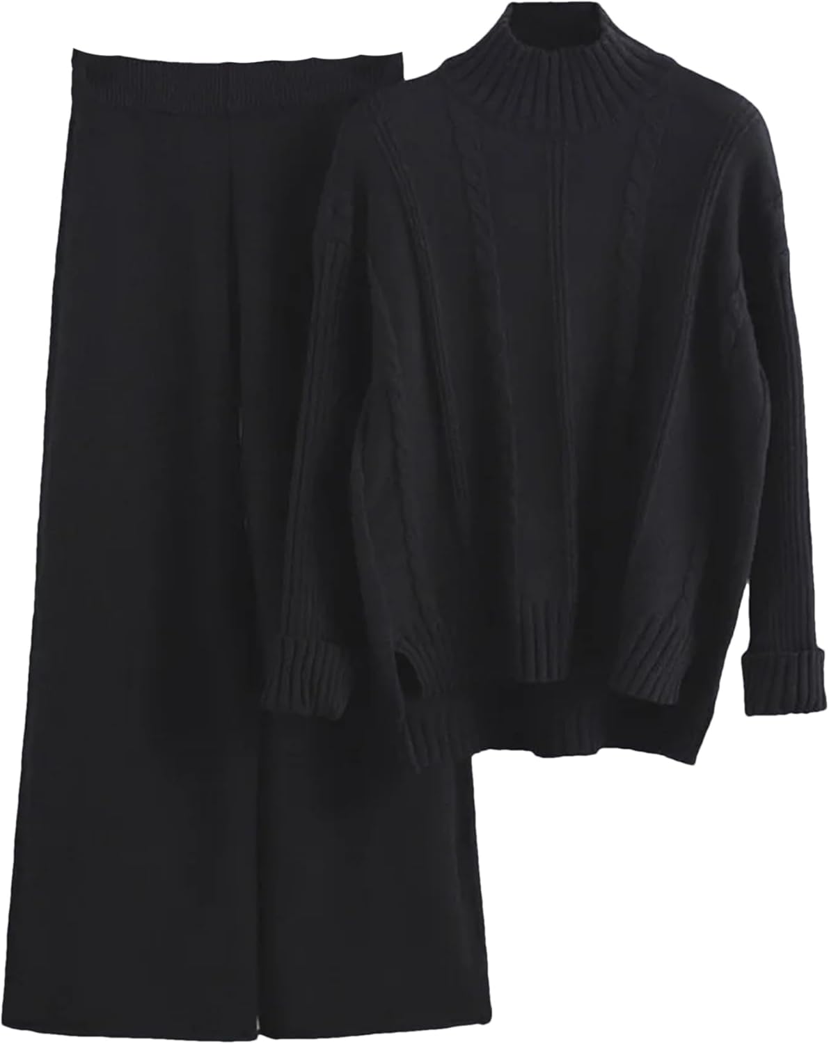 Women Loose Knitted Pants Set Half High Collar Sweater Wide Leg Pants Fashion Clothes Winter Two Piece Set - Image 8