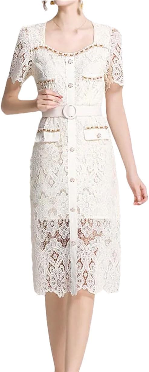 Women Nail Bead Studded Diamond Square Neck Slim Lace Dress Fashionable Spring Women's Clothing