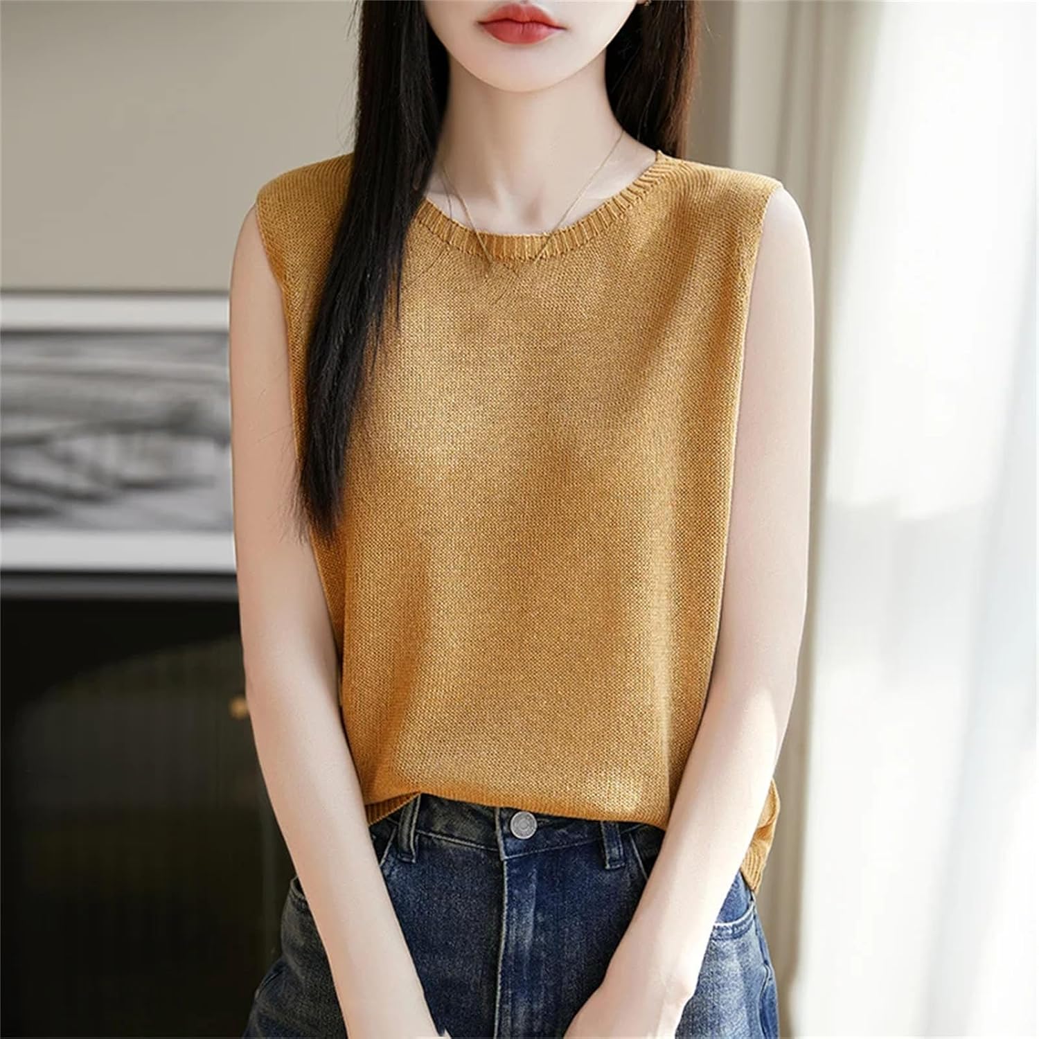 Women Thin Fine Spun Sleeveless T-Shirt O-Neck Solid Color Top Women' s Clothes Fashion Casual Sleeveless Sweater - Image 6