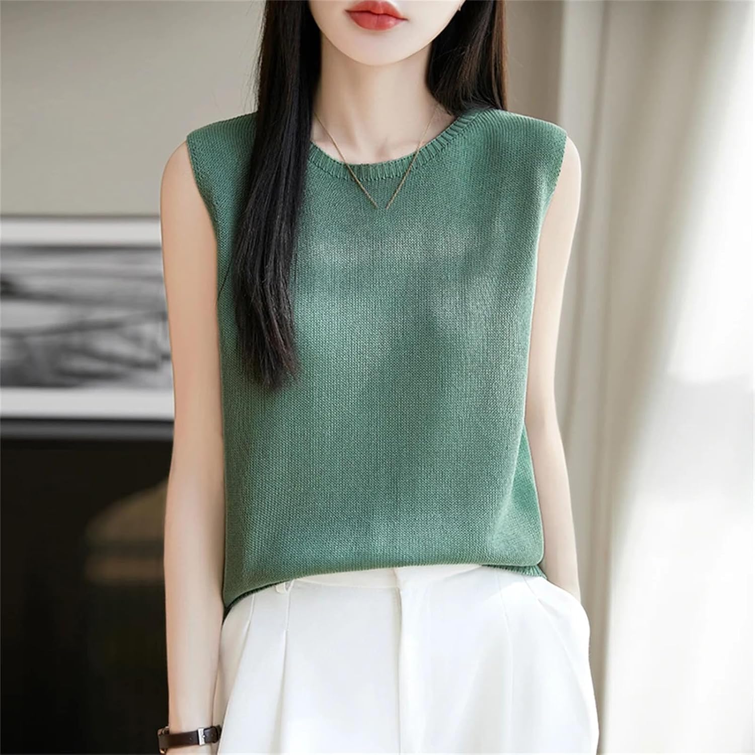 Women Thin Fine Spun Sleeveless T-Shirt O-Neck Solid Color Top Women' s Clothes Fashion Casual Sleeveless Sweater - Image 4