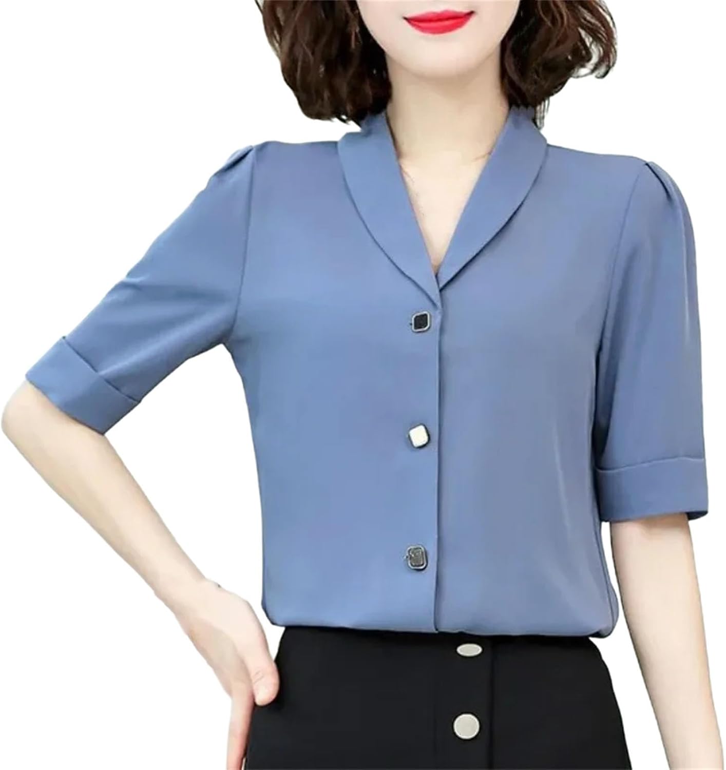 Women's Clothing Solid Color Button Lantern Short Sleeveturn-Down Collar Chiffon Cardigan Shirt Fashionable Sweet Tops