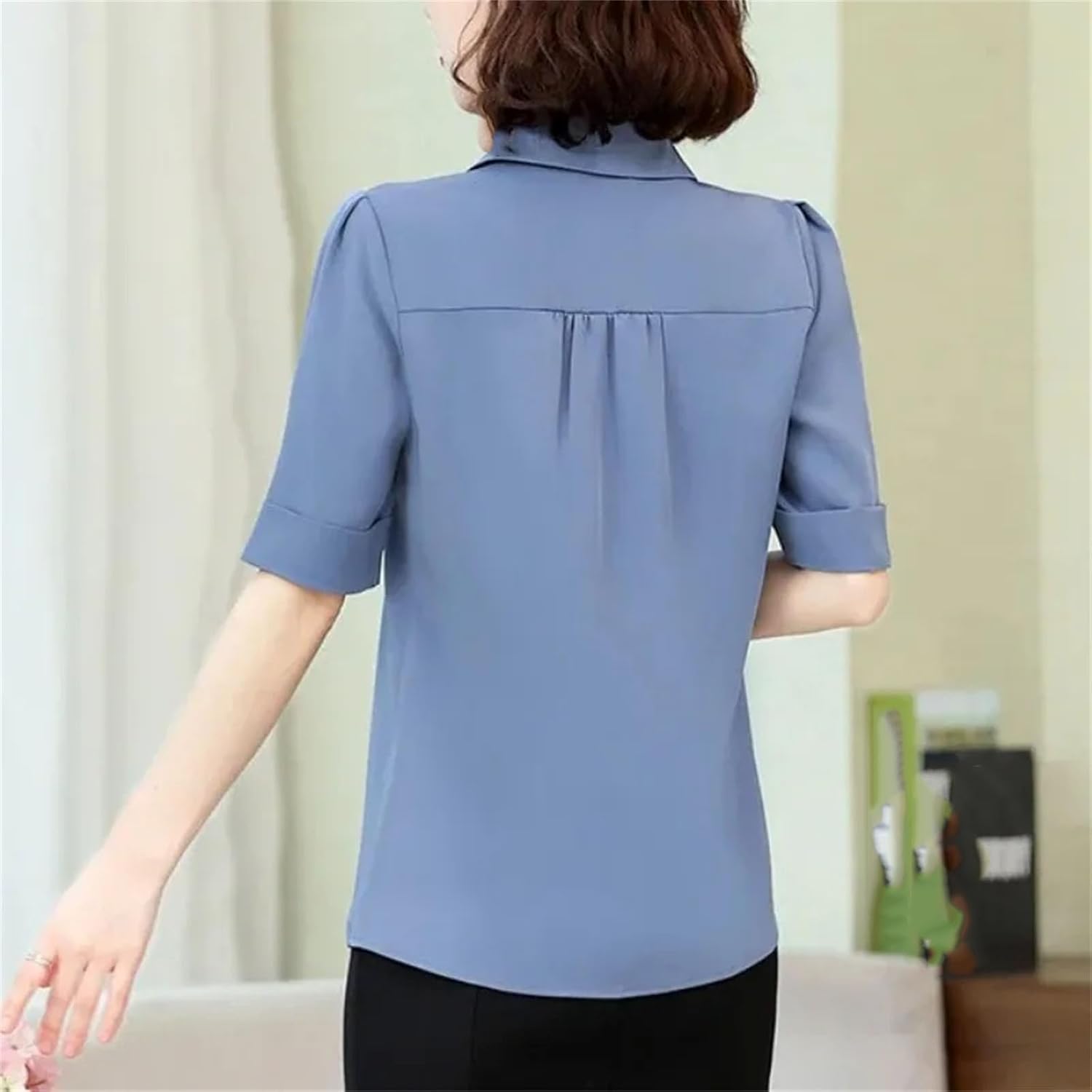 Women's Clothing Solid Color Button Lantern Short Sleeveturn-Down Collar Chiffon Cardigan Shirt Fashionable Sweet Tops - Image 4