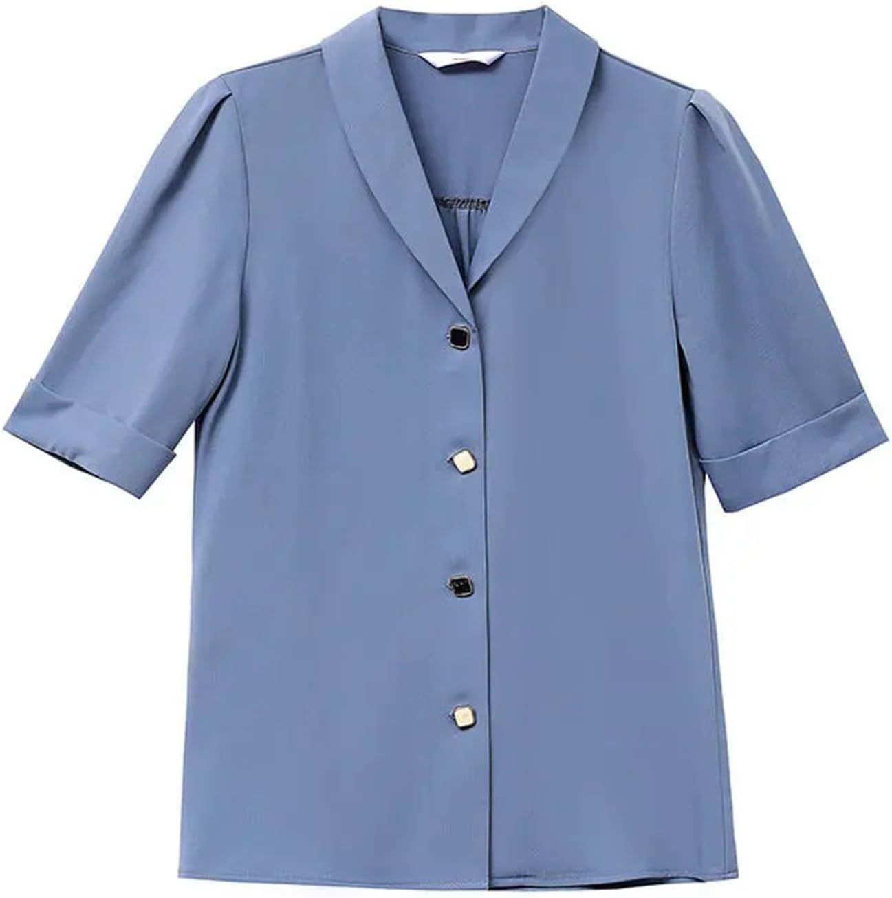 Women's Clothing Solid Color Button Lantern Short Sleeveturn-Down Collar Chiffon Cardigan Shirt Fashionable Sweet Tops - Image 5