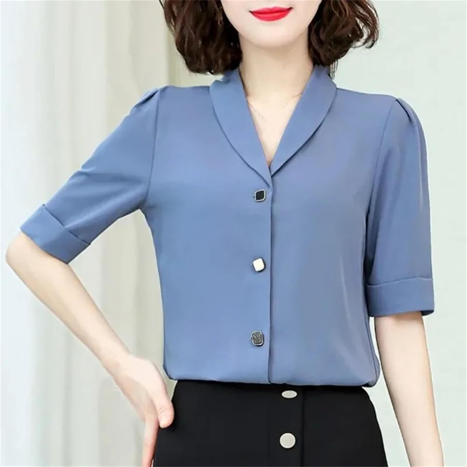 Women's Clothing Solid Color Button Lantern Short Sleeveturn-Down Collar Chiffon Cardigan Shirt Fashionable Sweet Tops - Image 3