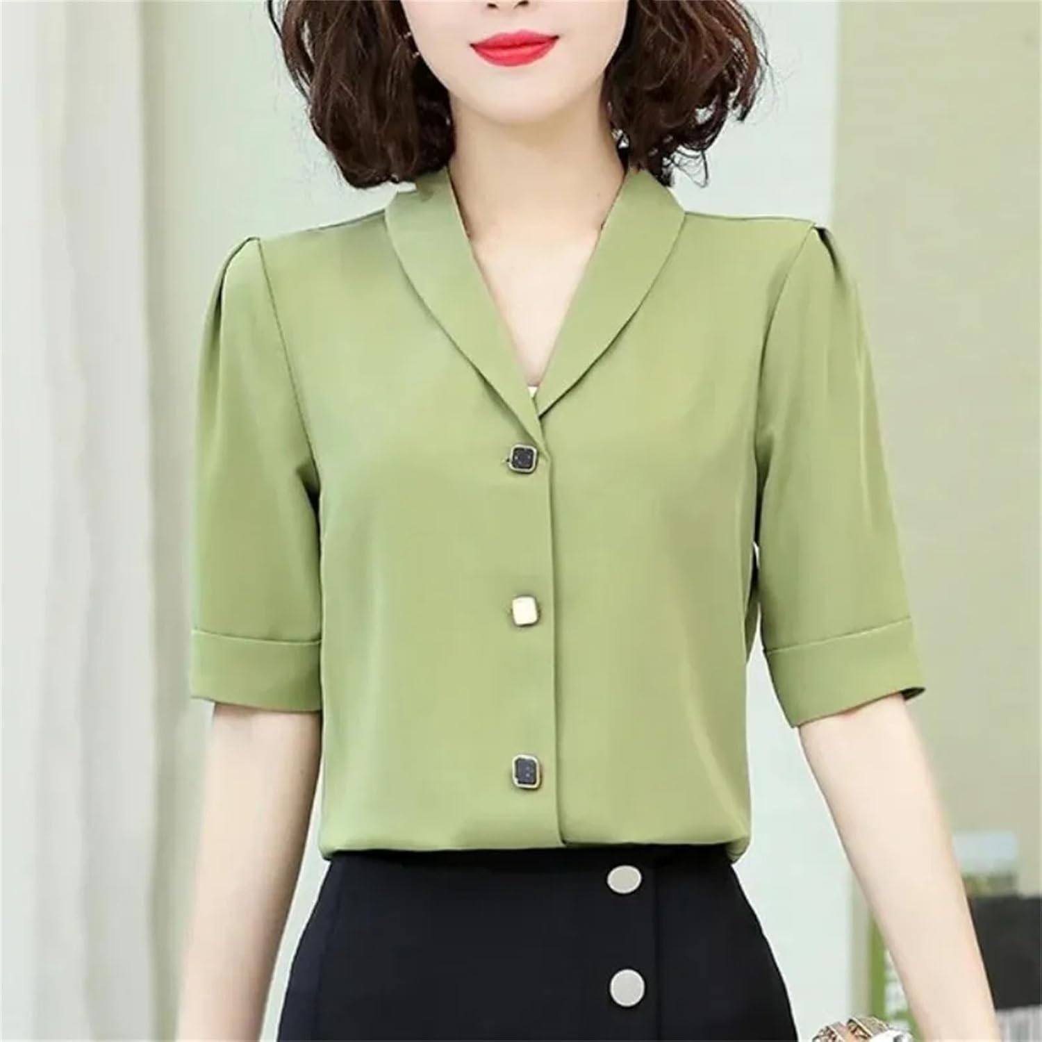 Women's Clothing Solid Color Button Lantern Short Sleeveturn-Down Collar Chiffon Cardigan Shirt Fashionable Sweet Tops - Image 2