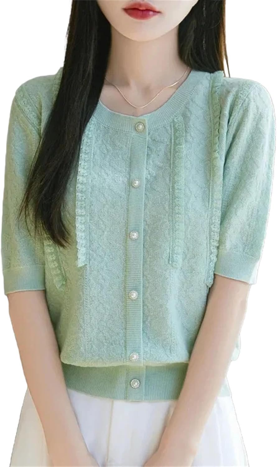 Women's Elegant Lady Short Sleeve Knitted T-Shirt Thin Design Lace Edge Fashionable Women s Clothing Crew Neck Top