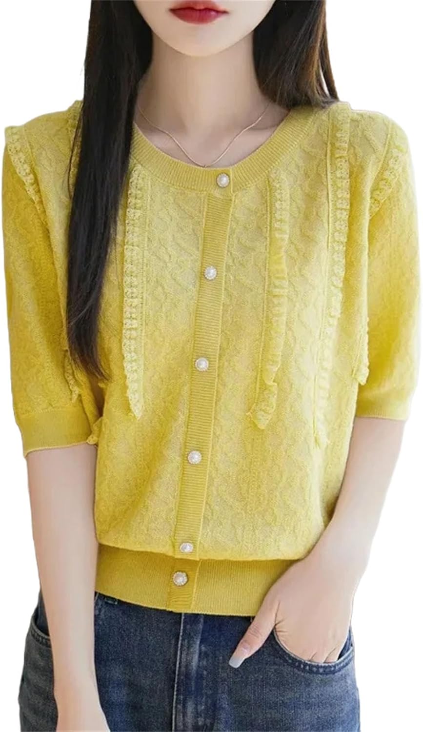 Women's Elegant Lady Short Sleeve Knitted T-Shirt Thin Design Lace Edge Fashionable Women s Clothing Crew Neck Top - Image 9