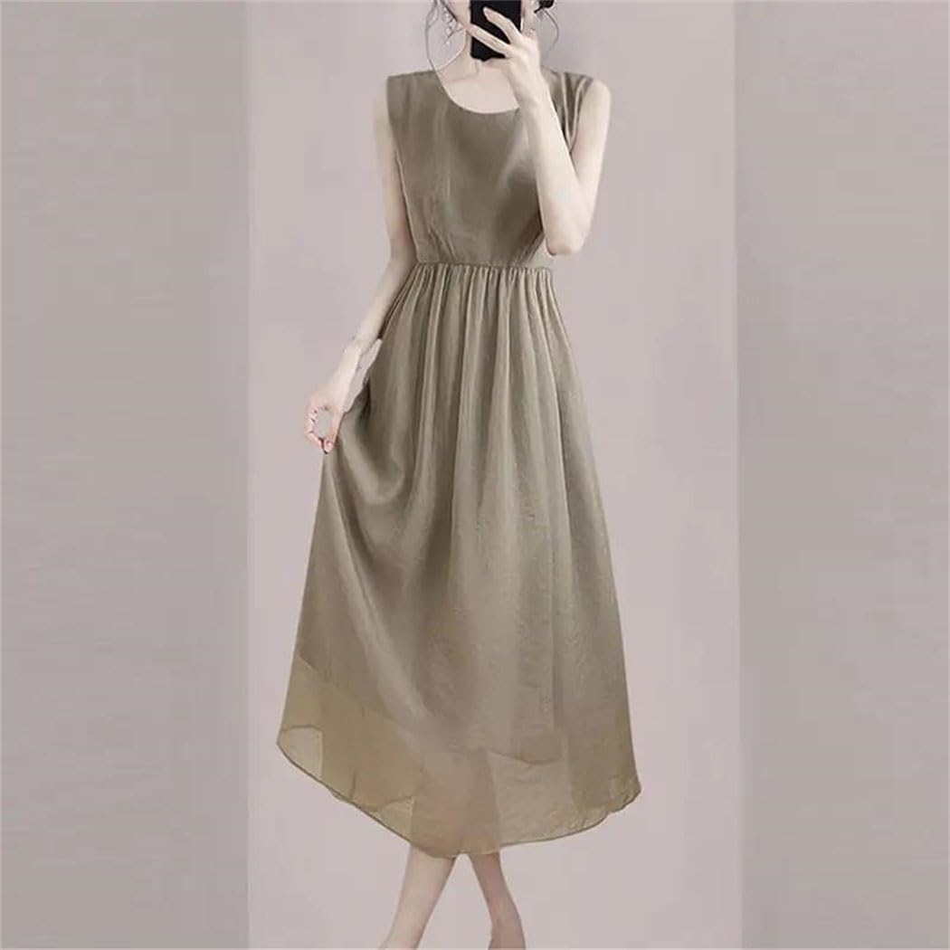 Women's Fashion O-Neck All-Match Dress Solid Sleeveless Clothing Summer Loose Office Lady Dress - Image 2