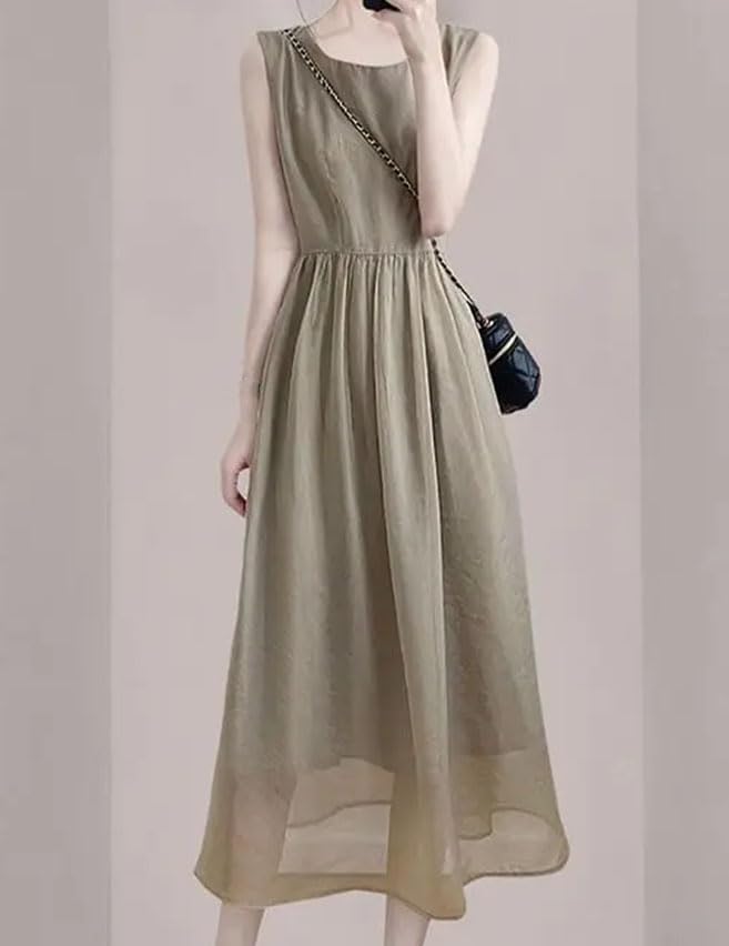 Women's Fashion O-Neck All-Match Dress Solid Sleeveless Clothing Summer Loose Office Lady Dress - Image 4