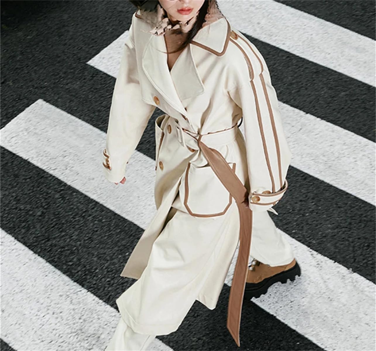 Women's Long Color Block PU Leather Trench Coat Waistband Pockets Designer Loose Fashion Luxury Clothing - Image 5