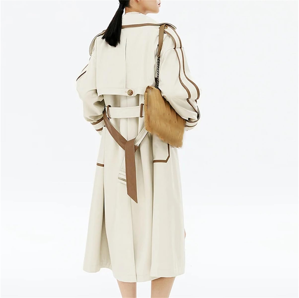 Women's Long Color Block PU Leather Trench Coat Waistband Pockets Designer Loose Fashion Luxury Clothing - Image 3