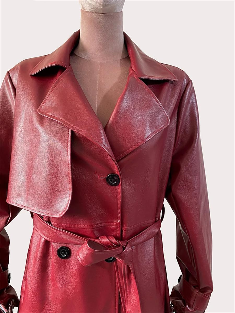 Women's Long Waterproof PU Leather Windbreaker Belt Double Breasted Fashion Luxury Clothing - Image 5