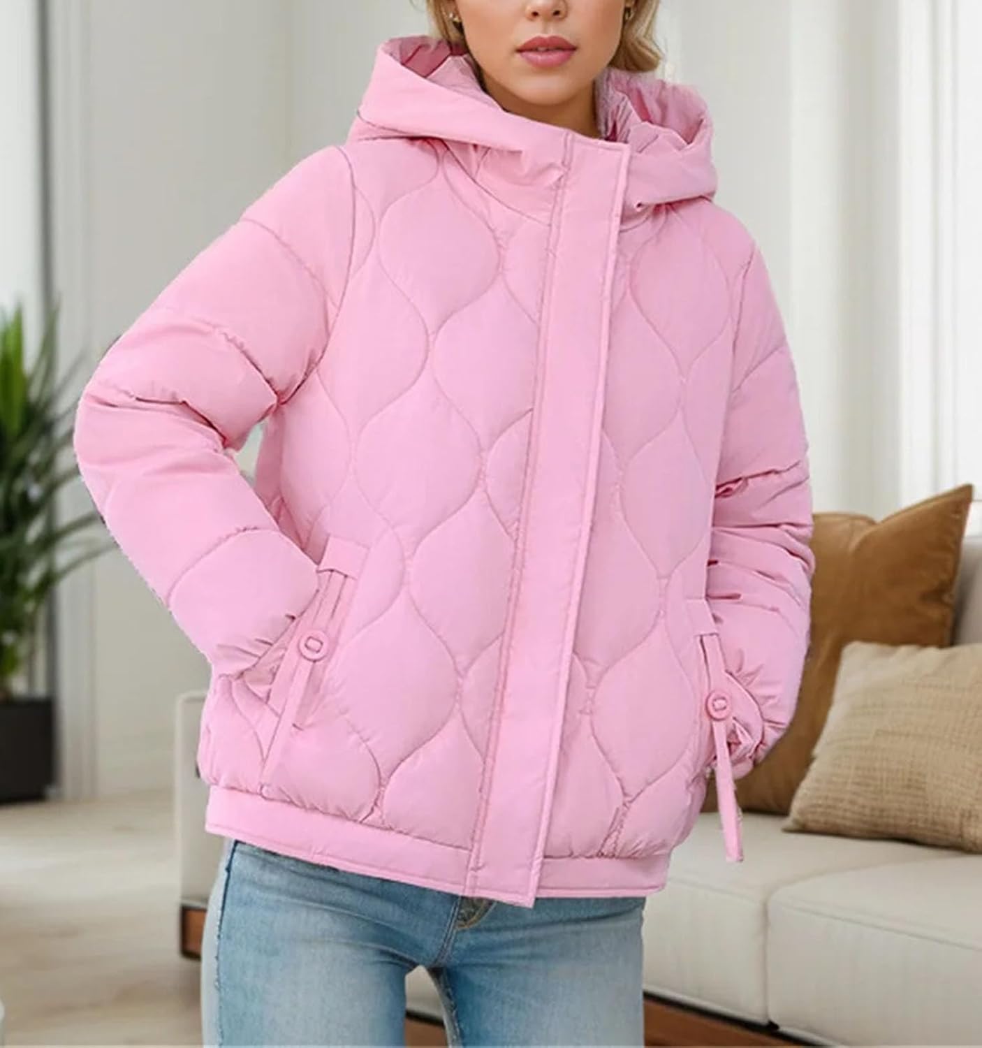 Women's Puffer Jacket Fashionable Padded Clothes Hooded Lattice Thickened Warm Padded Jacket Coat - Image 5