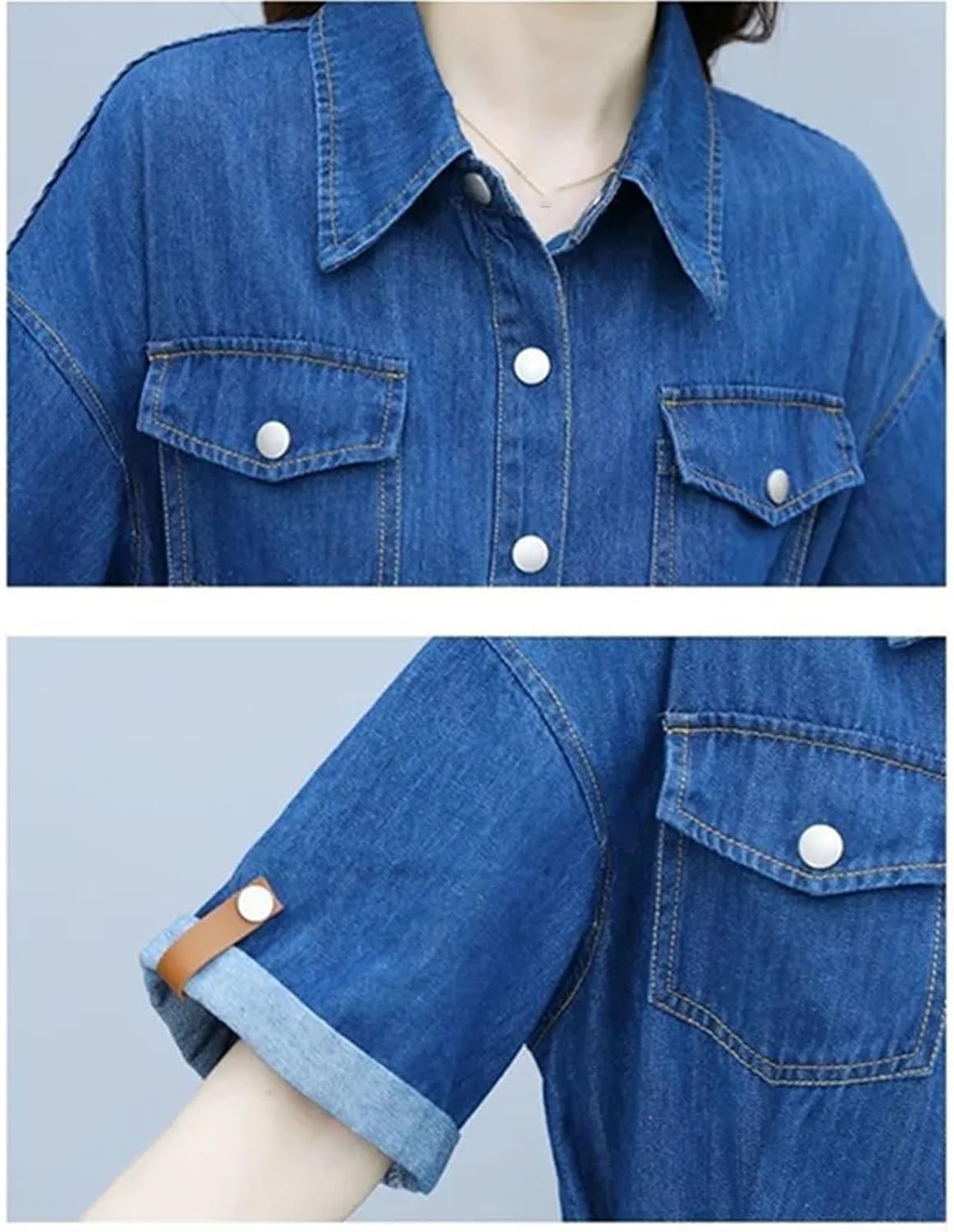 Women's Vintage Denim Shirt Dress Fashion Slim Short Sleeve A-line Dress with Belt Casual Clothing - Image 6