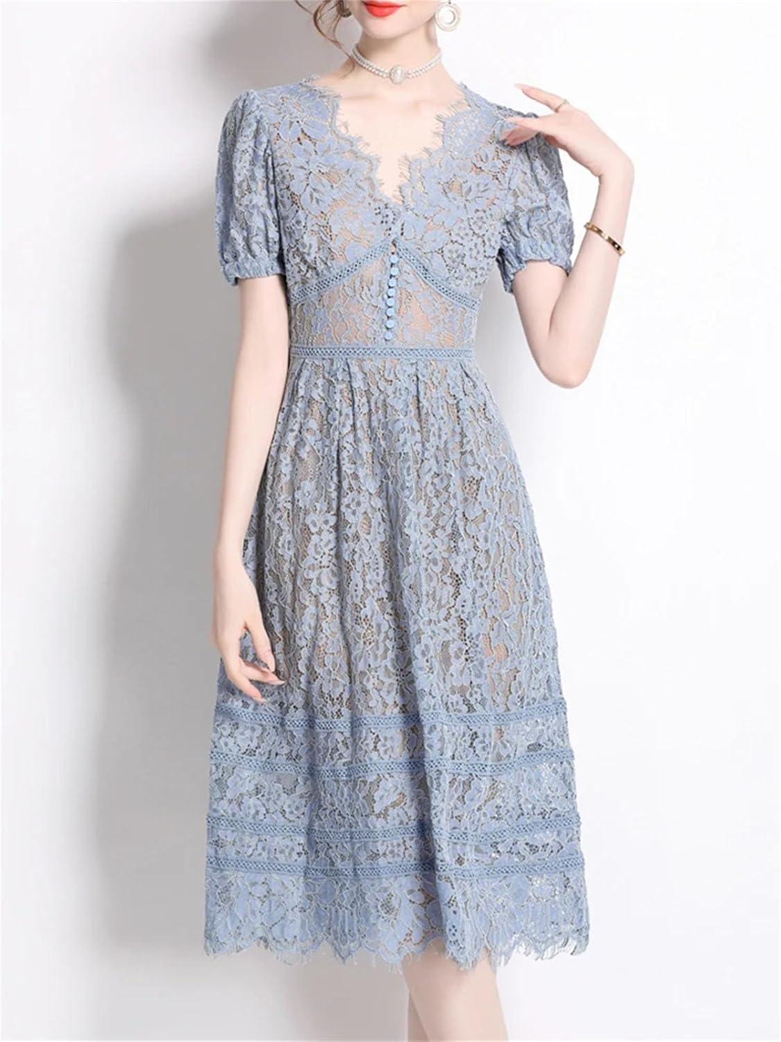 Women's Vintage V Neck Single Breasted Classic Lace Slim Fit Dress 2025 Fashion Spring Summer Office Clothing - Image 4