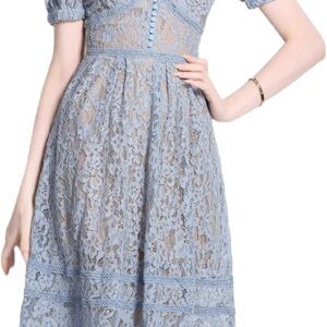 Women's Vintage V Neck Single Breasted Classic Lace Slim Fit Dress 2025 Fashion Spring Summer Office Clothing