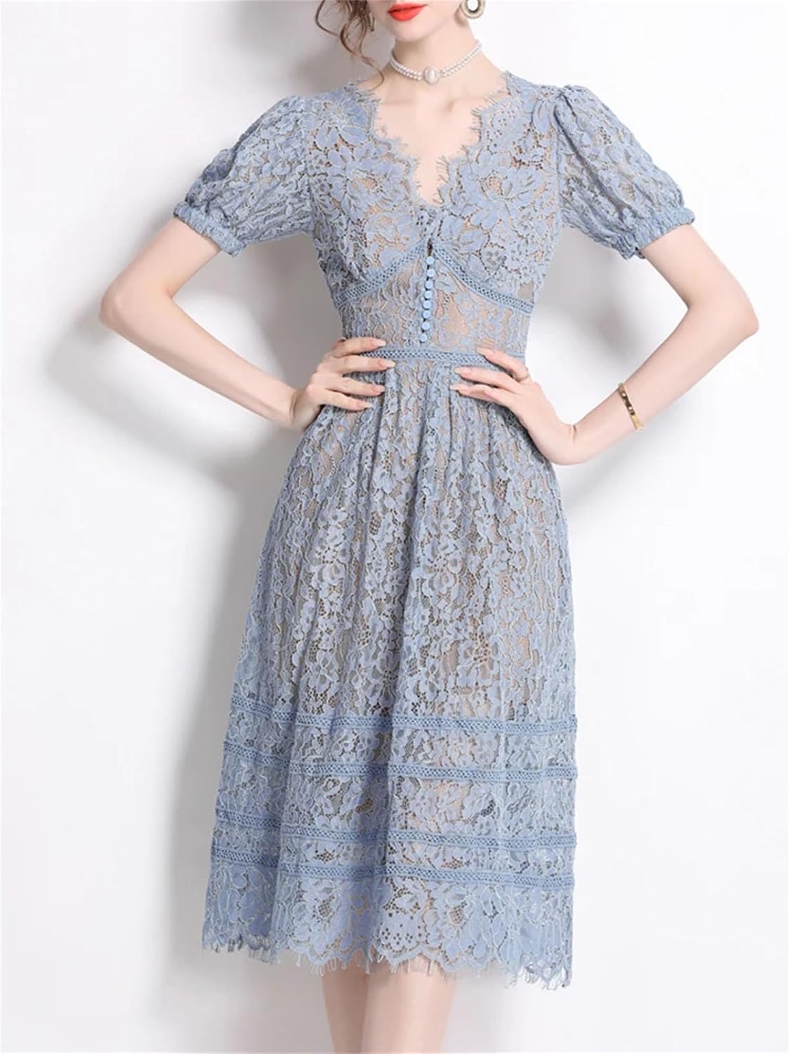 Women's Vintage V Neck Single Breasted Classic Lace Slim Fit Dress 2025 Fashion Spring Summer Office Clothing - Image 3