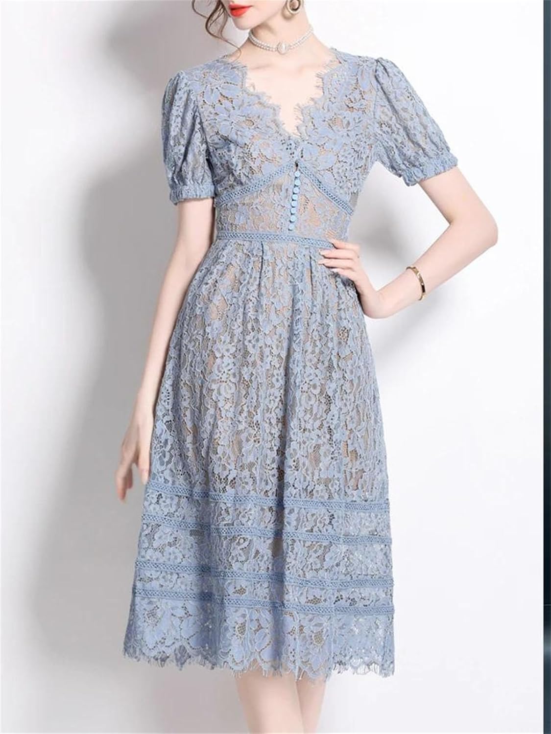 Women's Vintage V Neck Single Breasted Classic Lace Slim Fit Dress 2025 Fashion Spring Summer Office Clothing - Image 2