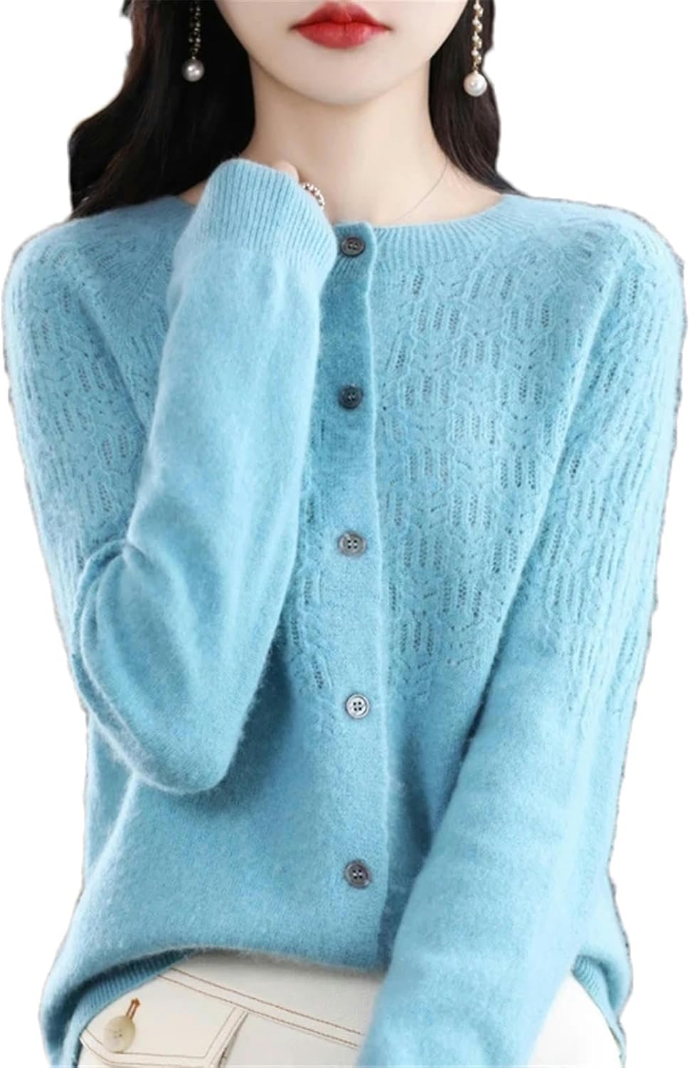 Women\u2019s Wool Cardigan Hollow Cashmere Sweater Female Clothing Top Bottoming Shirt - Image 8