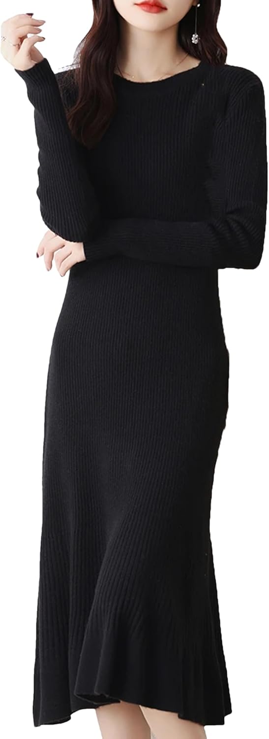 Wool Dresses for Women Winter Fashion Length-Keen Dress Female O-Neck Clothing