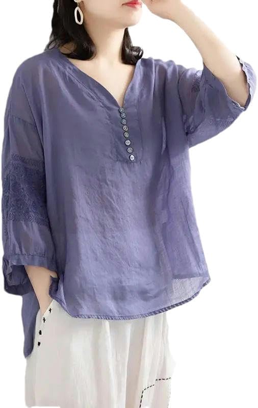 XZQYJKP Women's V-Neck Button Loose Short Sleeve Casual T-Shirts Summer Solid Color Clothing Chinese Style - Image 2