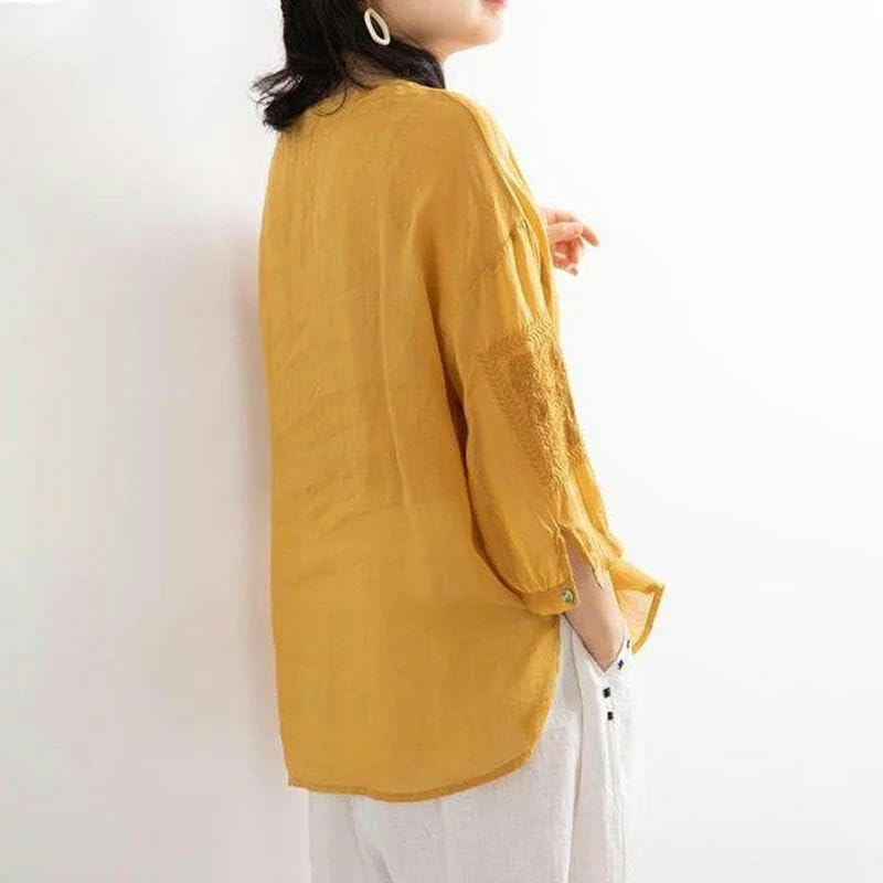 XZQYJKP Women's V-Neck Button Loose Short Sleeve Casual T-Shirts Summer Solid Color Clothing Chinese Style - Image 4