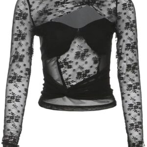 YMGSCC Fashion Sexy Round Neck Hollow T-Shirt Women's Mesh Top Lace Long Sleeve Shirt Slim Fit Clothing See-Through Shirt