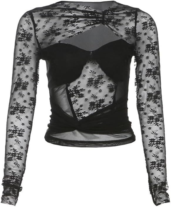 YMGSCC Fashion Sexy Round Neck Hollow T-Shirt Women's Mesh Top Lace Long Sleeve Shirt Slim Fit Clothing See-Through Shirt