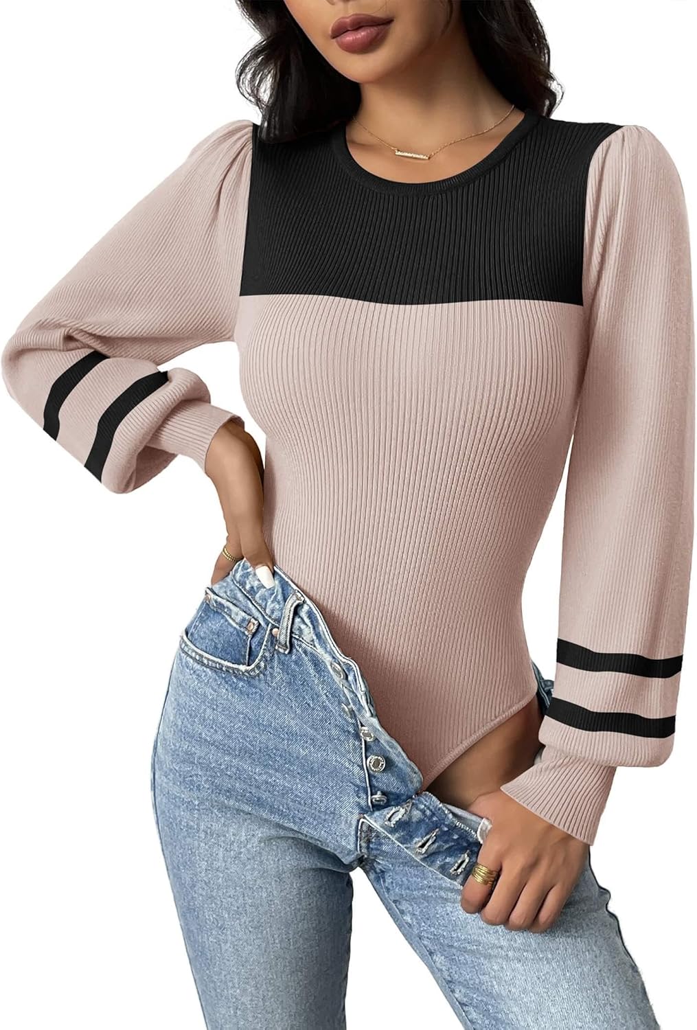 Zeagoo Women 2025 Long Puff Sleeve Sweater Fall Slim Fit Pullover Tops Crewneck Ribbed Knit Bodysuit Jumpsuit S-XXL - Image 13