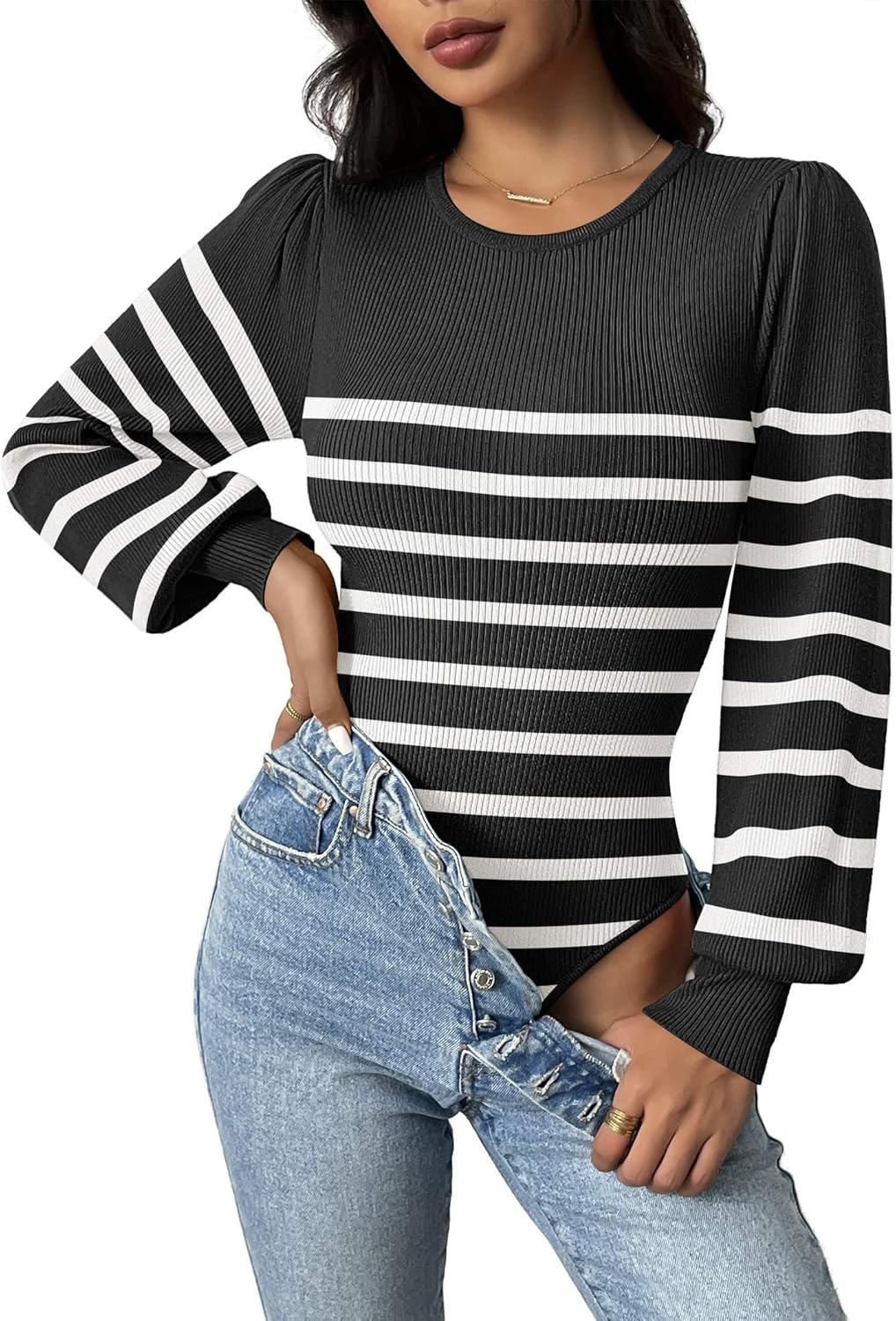 Zeagoo Women 2025 Long Puff Sleeve Sweater Fall Slim Fit Pullover Tops Crewneck Ribbed Knit Bodysuit Jumpsuit S-XXL - Image 7