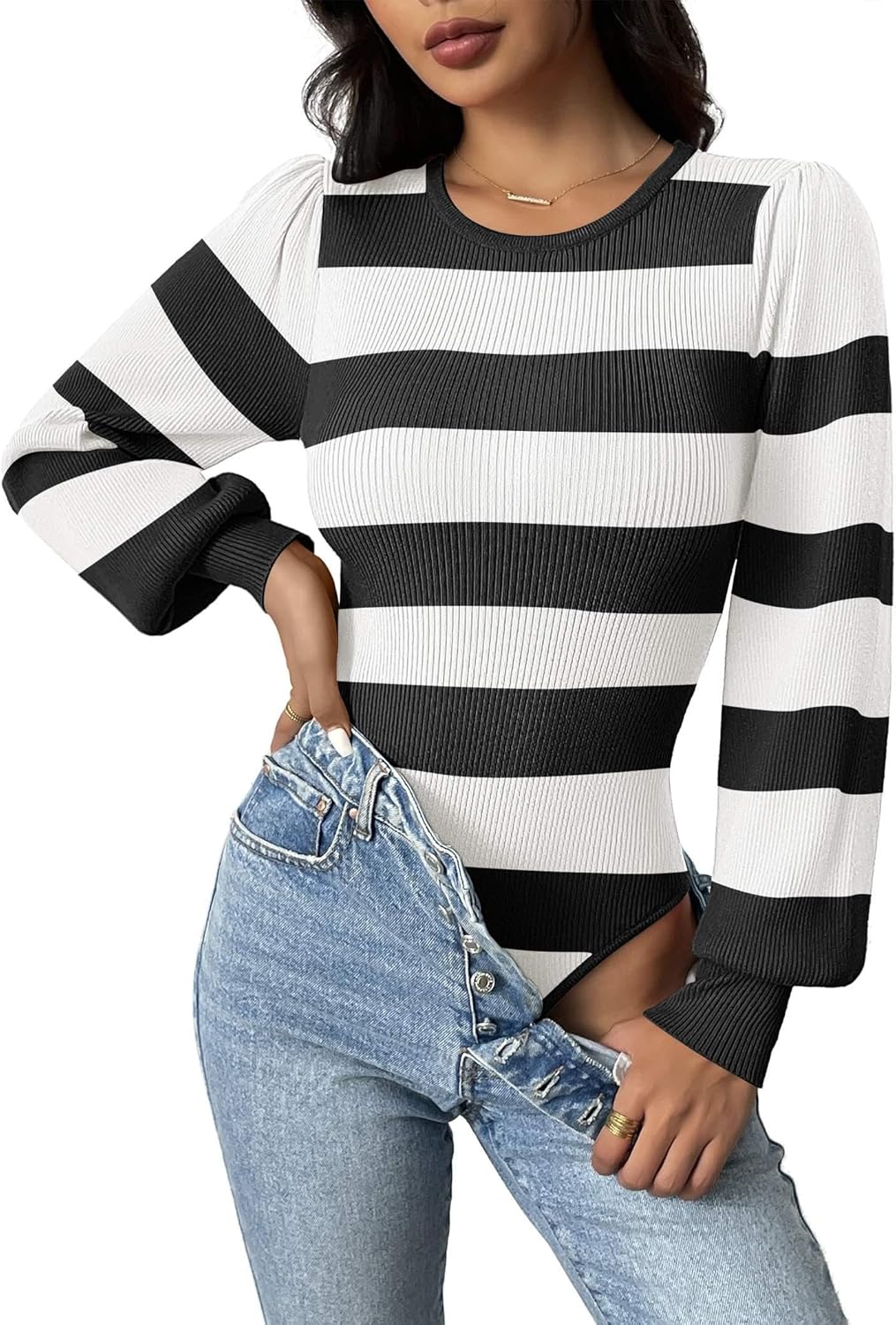 Zeagoo Women 2025 Long Puff Sleeve Sweater Fall Slim Fit Pullover Tops Crewneck Ribbed Knit Bodysuit Jumpsuit S-XXL - Image 16