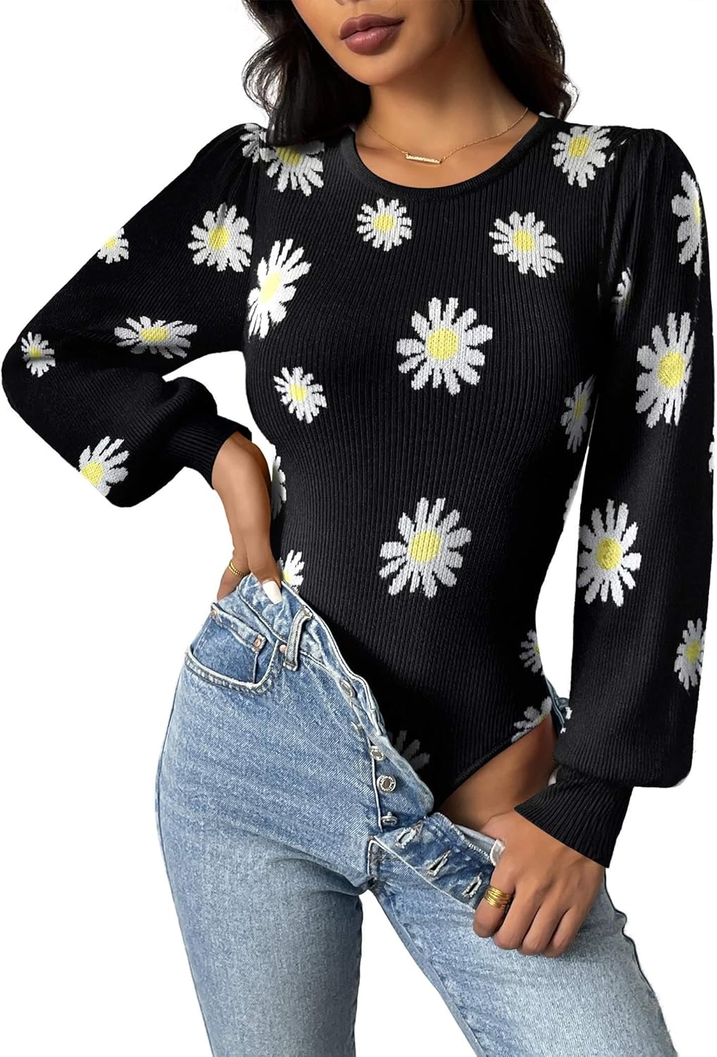 Zeagoo Women 2025 Long Puff Sleeve Sweater Fall Slim Fit Pullover Tops Crewneck Ribbed Knit Bodysuit Jumpsuit S-XXL - Image 15