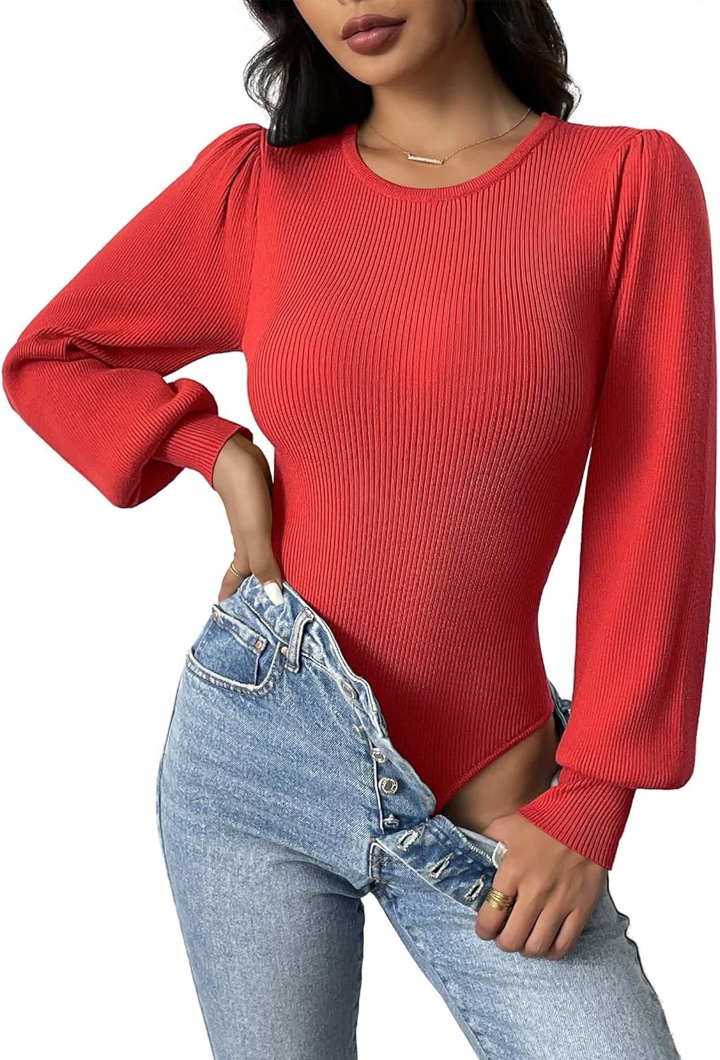 Zeagoo Women 2025 Long Puff Sleeve Sweater Fall Slim Fit Pullover Tops Crewneck Ribbed Knit Bodysuit Jumpsuit S-XXL - Image 9