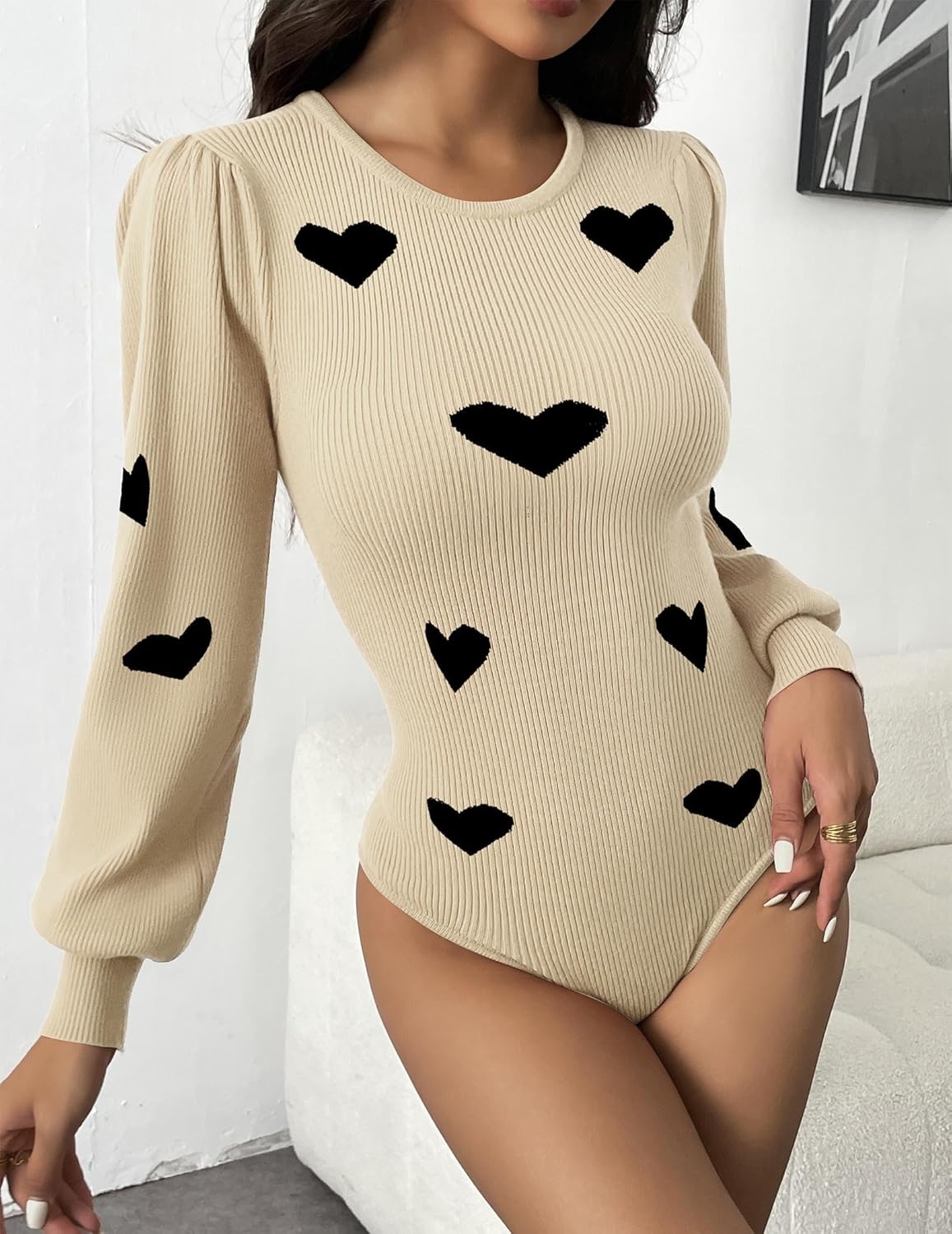 Zeagoo Women 2025 Long Puff Sleeve Sweater Fall Slim Fit Pullover Tops Crewneck Ribbed Knit Bodysuit Jumpsuit S-XXL - Image 2