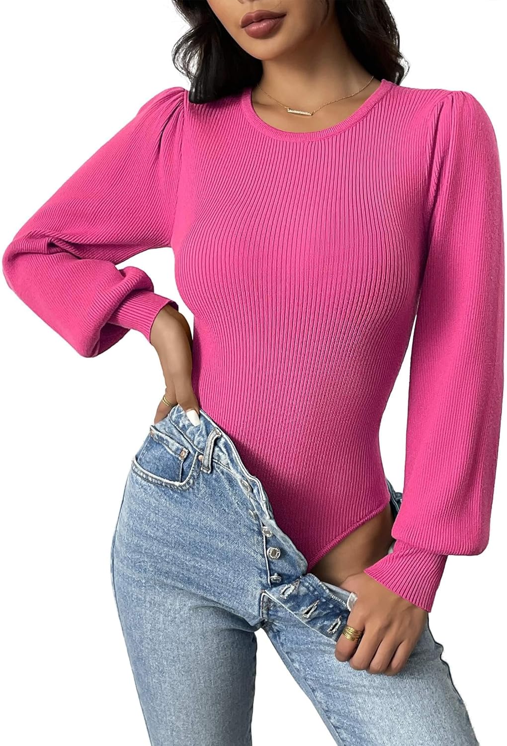 Zeagoo Women 2025 Long Puff Sleeve Sweater Fall Slim Fit Pullover Tops Crewneck Ribbed Knit Bodysuit Jumpsuit S-XXL - Image 17