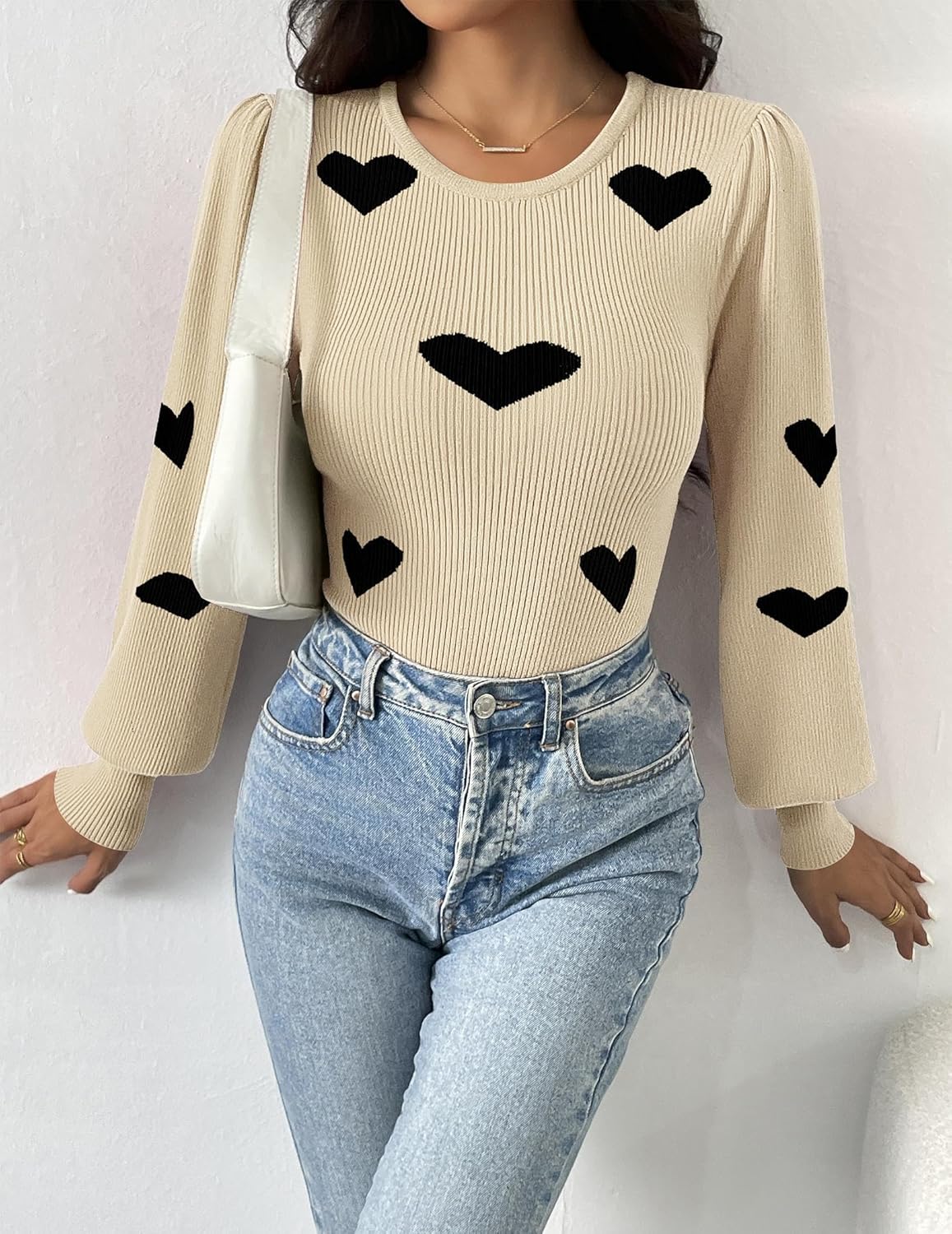 Zeagoo Women 2025 Long Puff Sleeve Sweater Fall Slim Fit Pullover Tops Crewneck Ribbed Knit Bodysuit Jumpsuit S-XXL - Image 4